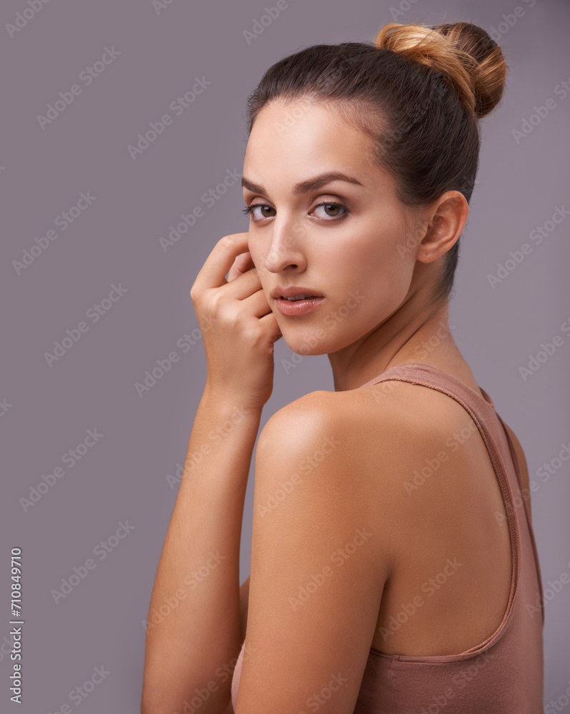 Portrait of woman, face or skincare dermatology, facial beauty or cosmetics for healthy glow. Isolated results, mockup or confident model with natural shine or wellness in studio on purple background Portrait of woman, face or skincare dermatology, facial beauty or cosmetics for healthy glow. Isolated results, mockup or confident model with natural shine or wellness in studio on purple background
