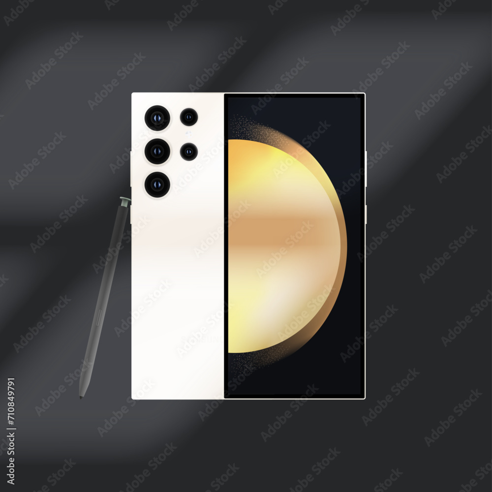 Smartphone Samsung Galaxy S23 Ultra. Beige color. Phone with stylus