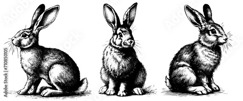 Several rabbits in various poses. A set of line drawings of rabbits drawn with photo
