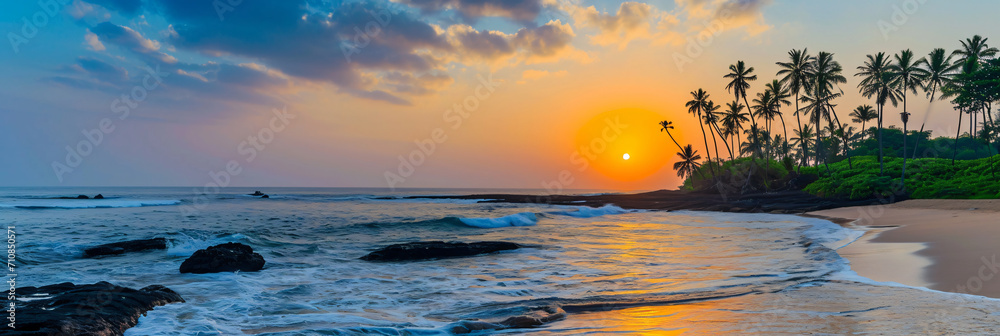 Sunny exotic beach by the ocean with palm trees at sunset summer vacation Generate AI - obrazy, fototapety, plakaty 