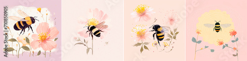 Illustration of a bumblebee catching a flower in a net. Storybook style with fine lines and textures. Flat design with soft colors such as green and yellow. A cute and simple depiction of the scene.