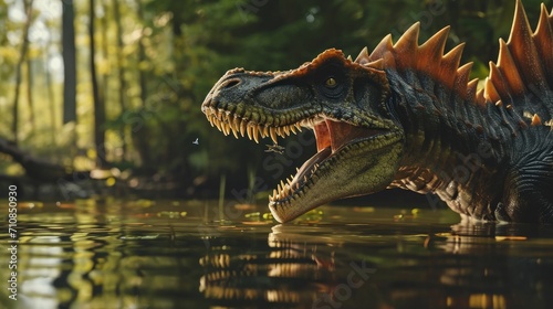 3D render animation of close up spinosaurus at a creek in the water in prehistoric setting  dinosaur concept   