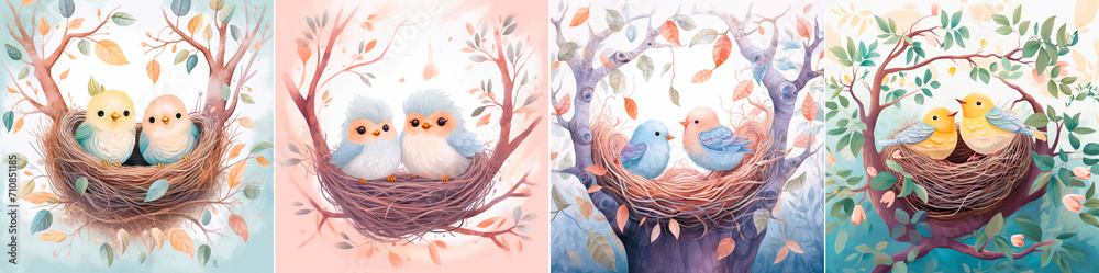 Illustration of birds in a nest on a tree. Children's storybook style with cute and simple lines. Delicate textures and pastel colors create a soft and delicate look.