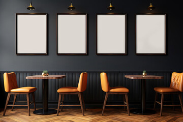 Bar interior with black walls with wooden tables and chairs and four mockup blank pictures