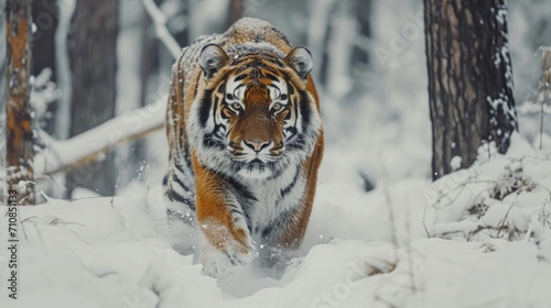 4k120 fps super slow motion video of big male Siberian tiger, panthera tigris altaica in cold winter forest after snowfall , national park Leopard Land, filmed on Nikon z9 high quality 8k camera   