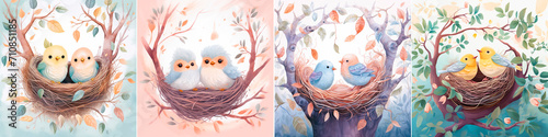 Illustration of birds in a nest on a tree. Children s storybook style with cute and simple lines. Delicate textures and pastel colors create a soft and delicate look.