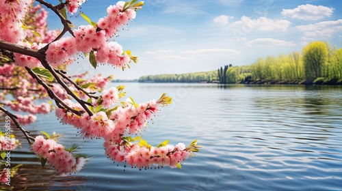 Riverside tranquility: serene spring background with flowering willow branches near the river in sunny weather.