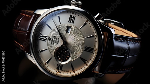 A side view of a classic watch with a leather strap, casting a shadow that adds depth to the composition