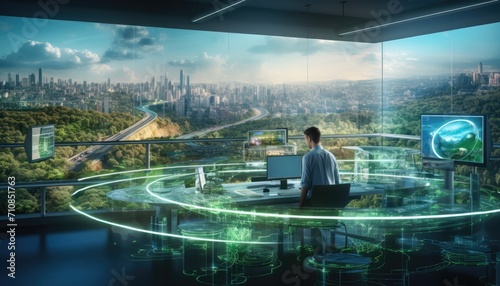 Human touching a advanced technology based on hologram light with greenery city, eco-friendly city on a city background with hologram network icons for energy source research, renewable energy concept