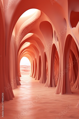 Vertical image of a long terracotta corridor with abstract arches