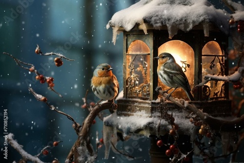 Several small birds on a feeder during winter. Generative AI © Amoret