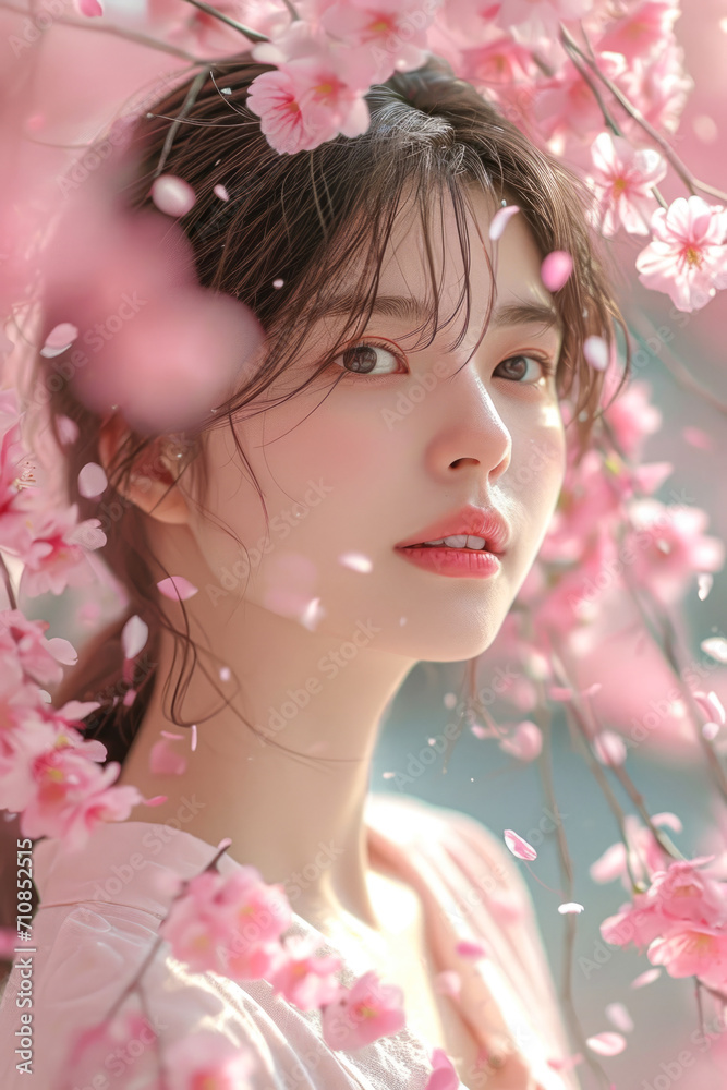 The ethereal beauty of cherry blossom season in Kyoto, a person with glossy brown hair stands beneath blooming sakura trees. The ethereal beauty of cherry blossom season in Kyoto, a person with glossy brown hair stands beneath blooming sakura trees.