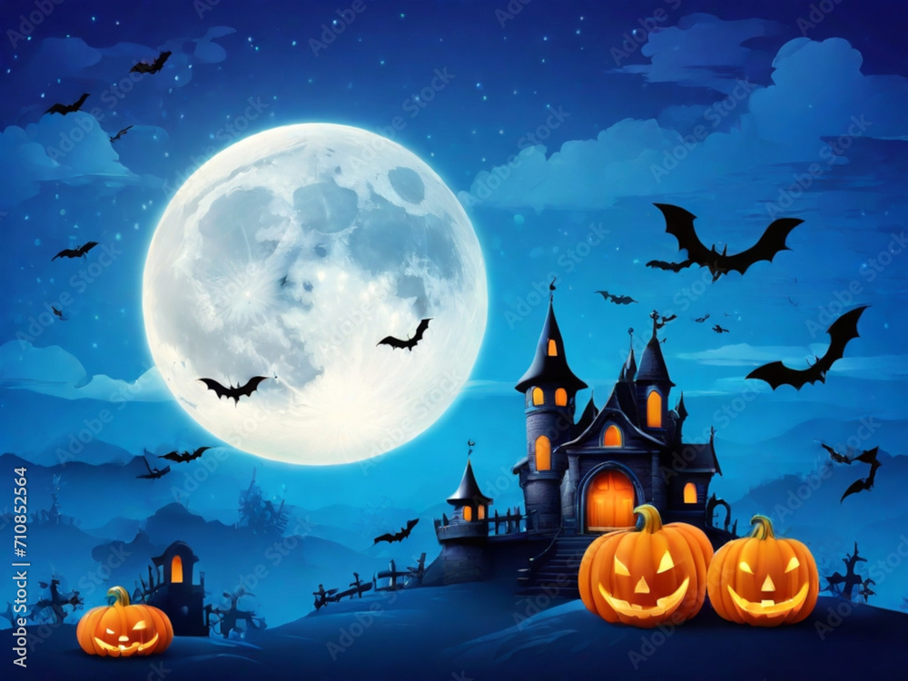 Halloween background with pumpkins castle bats and full moon 