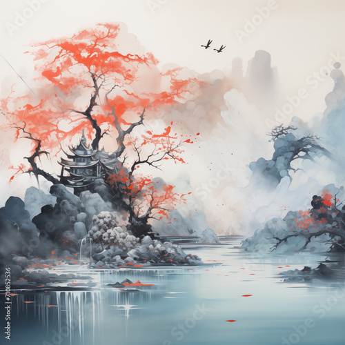 Abstract Landscape Japanese painting with pavillon