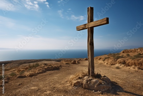 Wooden cross on a hilltop