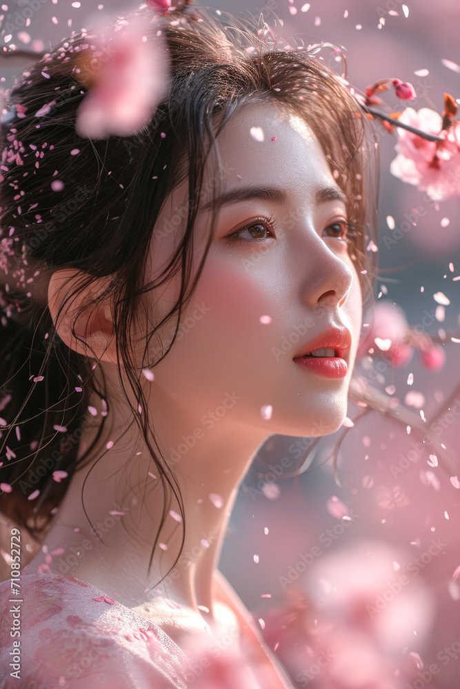 The ethereal beauty of cherry blossom season in Kyoto, a person with glossy brown hair stands beneath blooming sakura trees. The ethereal beauty of cherry blossom season in Kyoto, a person with glossy brown hair stands beneath blooming sakura trees.