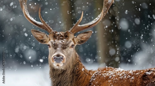 Close up of a Red deer stag in winter, UK.    © Emil