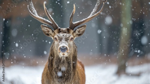 Close up of a Red deer stag in winter, UK.    © Emil