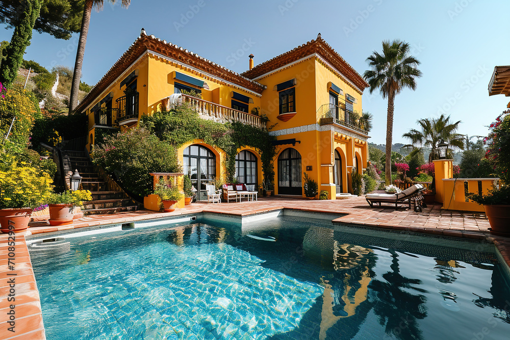 Luxurious yellow Mediterranean style family home with a large swimming pool under a bright blue sky, surrounded by various plants.
