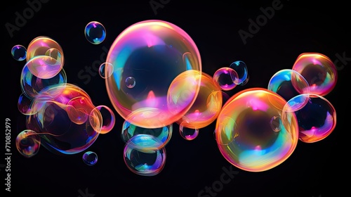 rainbow soap bubbles on a dark background.