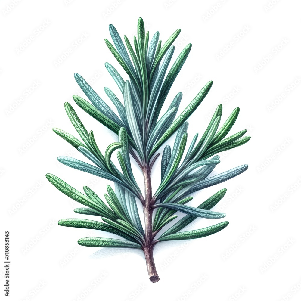 Fototapeta premium green rosemary herb with leaves watercolor paint on white for greeting card wedding design