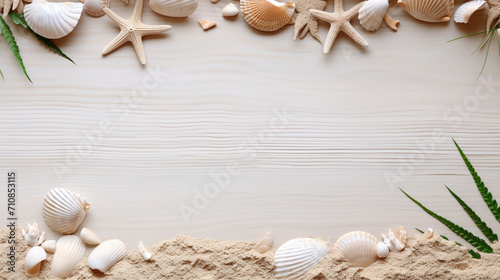 concept with sea shells and starfish on red background with space for text