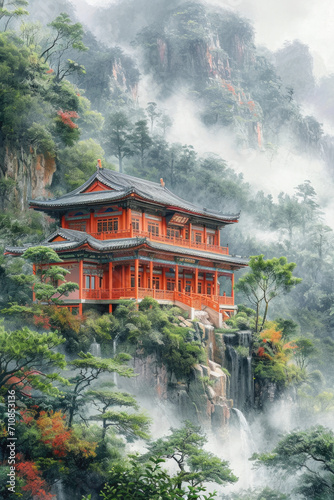 Beautiful chinese temple in foggy forest of Huangshan, China