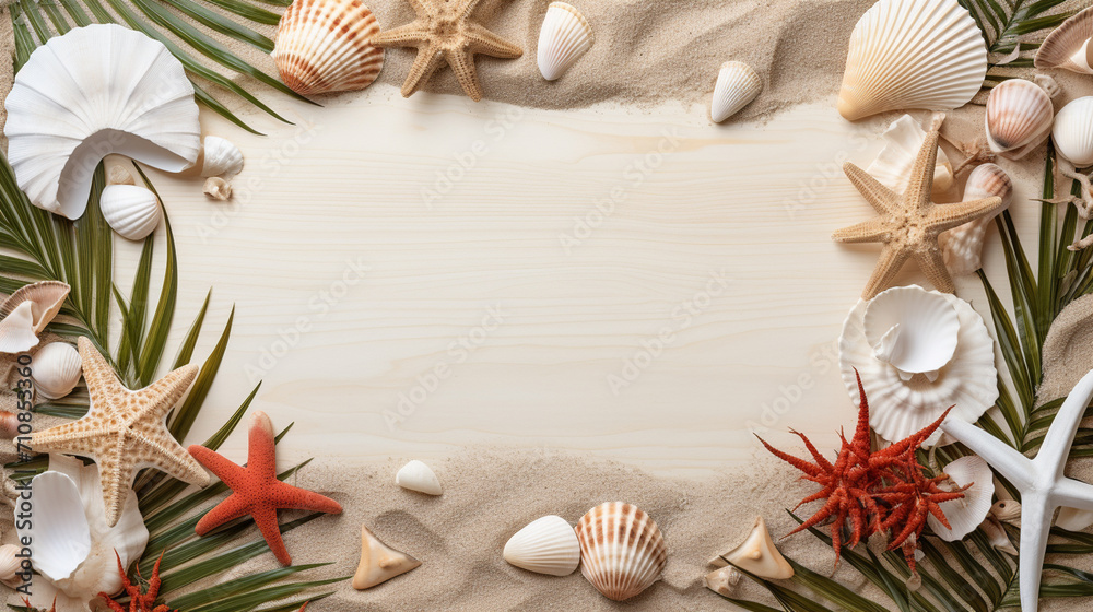 concept with sea shells and starfish on red background with space for text concept with sea shells and starfish on red background with space for text