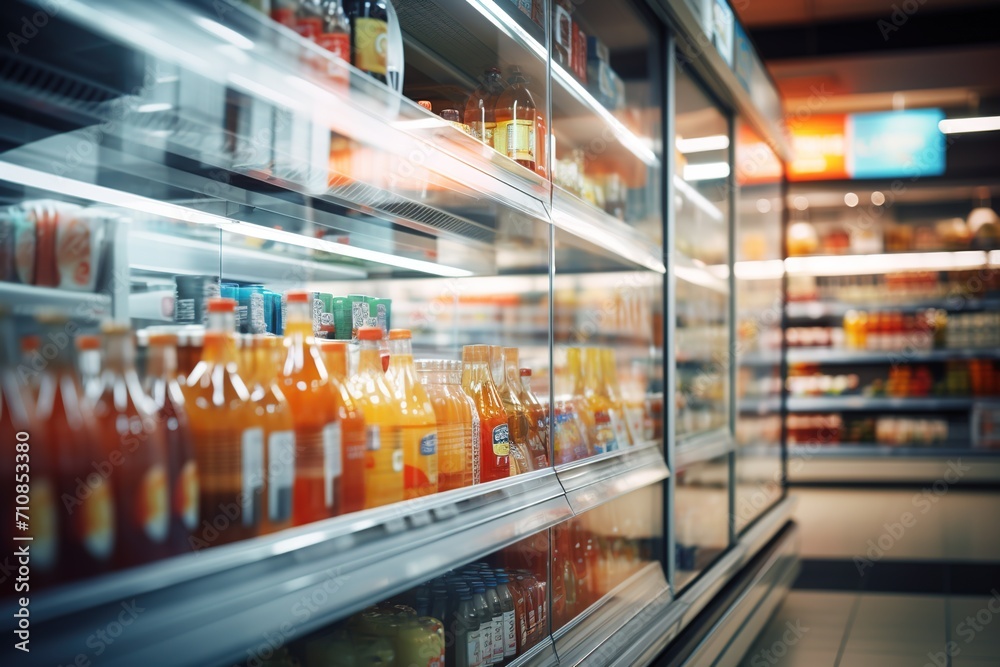 Supermarket refrigerator with drinks, shelves with food, selective focus, blurred background