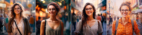Portrait of a confident woman with a warm smile and stylish glasses walking down a busy street showing her personality and confidence. Different poses and expressions express different moods photo