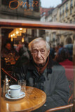 Elderly man in a historic European town square, observed through the reflections on a cafe window. 