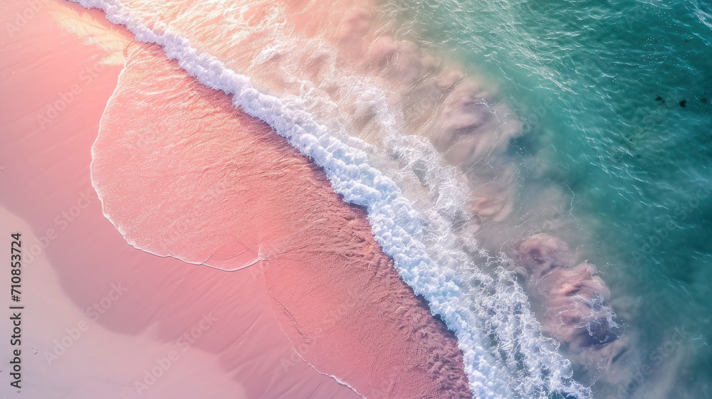 Stunning top view from a drone: beautiful pink beach waves of sea water hitting the sand on the shore. Atmospheric ocean landscape