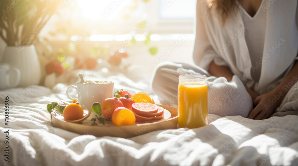 Morning Indulgence: Relaxing Breakfast in Bed with Fresh Juice, Croissant, and Coffee - Cozy Home Lifestyle Banner Morning Indulgence: Relaxing Breakfast in Bed with Fresh Juice, Croissant, and Coffee - Cozy Home Lifestyle Banner