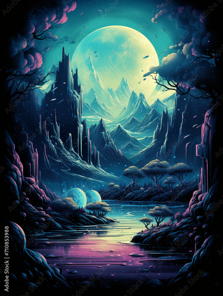 Fototapeta premium xT-shirt design, space wallpapers, planetary animation, fantasy pictures, in the style of realistic landscapes with soft edges created with Generative Ai