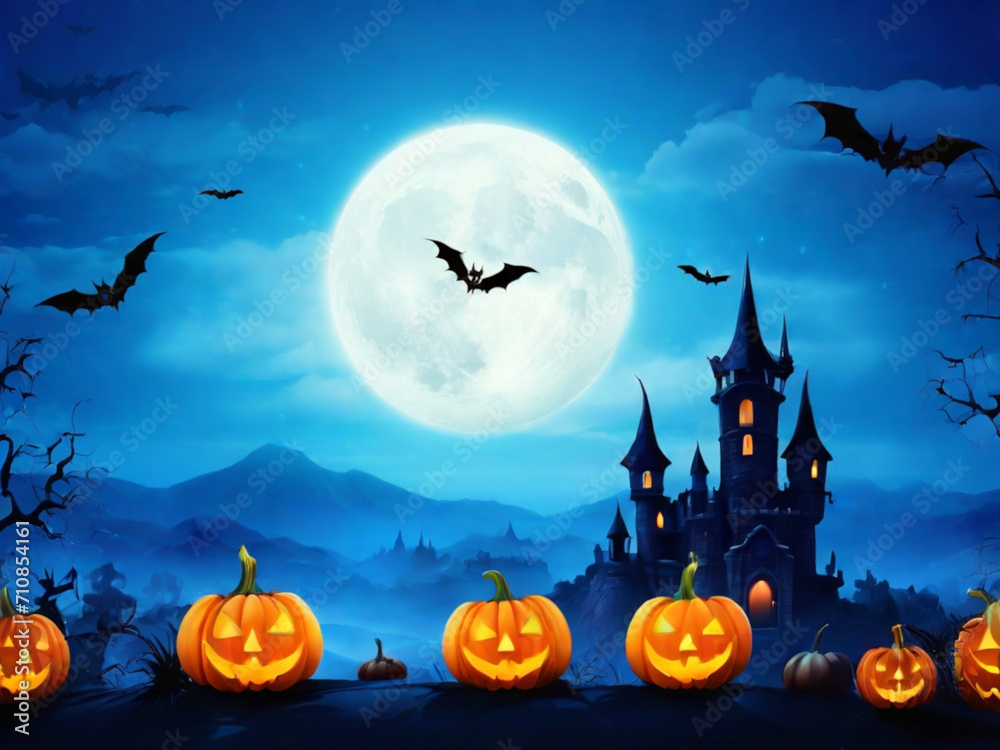 Halloween background with pumpkins castle bats and full moon ai image 