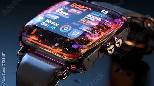 A smartwatch with a holographic interface, projecting digital elements into the air against a neutral background photo
