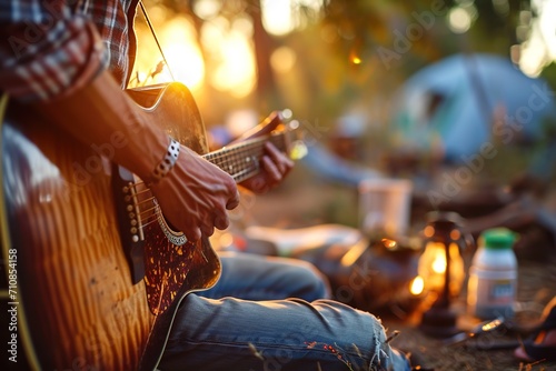 man in a plaid shirt plays a guitar in a camp near in the forest at a sunset background photo