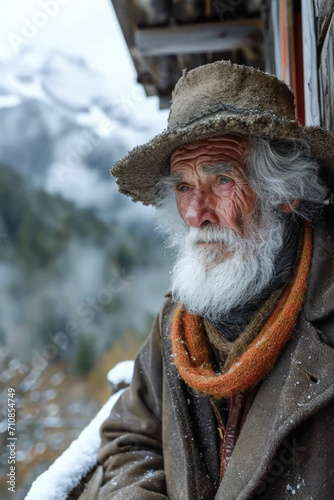 In a serene mountain village, surrounded by snow - capped peaks, a silver - haired man in traditional cultural attire stands by a wooden cottage.