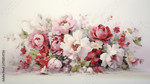 the graceful blend of white, red, and pink flowers on a pristine white surface. © Balqees