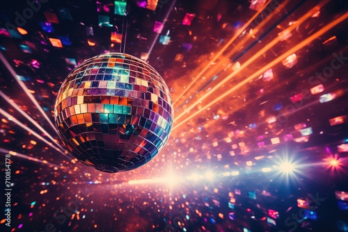 A disco ball reflects bright colorful lights in the dance hall.
