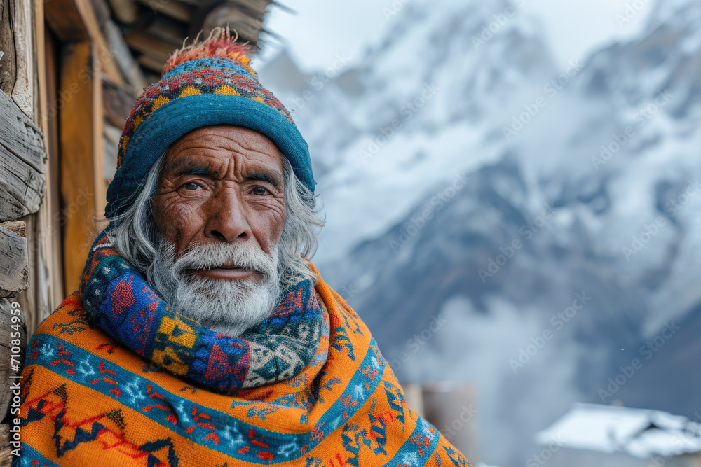 In a serene mountain village, surrounded by snow - capped peaks, a silver - haired man in traditional cultural attire stands by a wooden cottage. In a serene mountain village, surrounded by snow - capped peaks, a silver - haired man in traditional cultural attire stands by a wooden cottage.