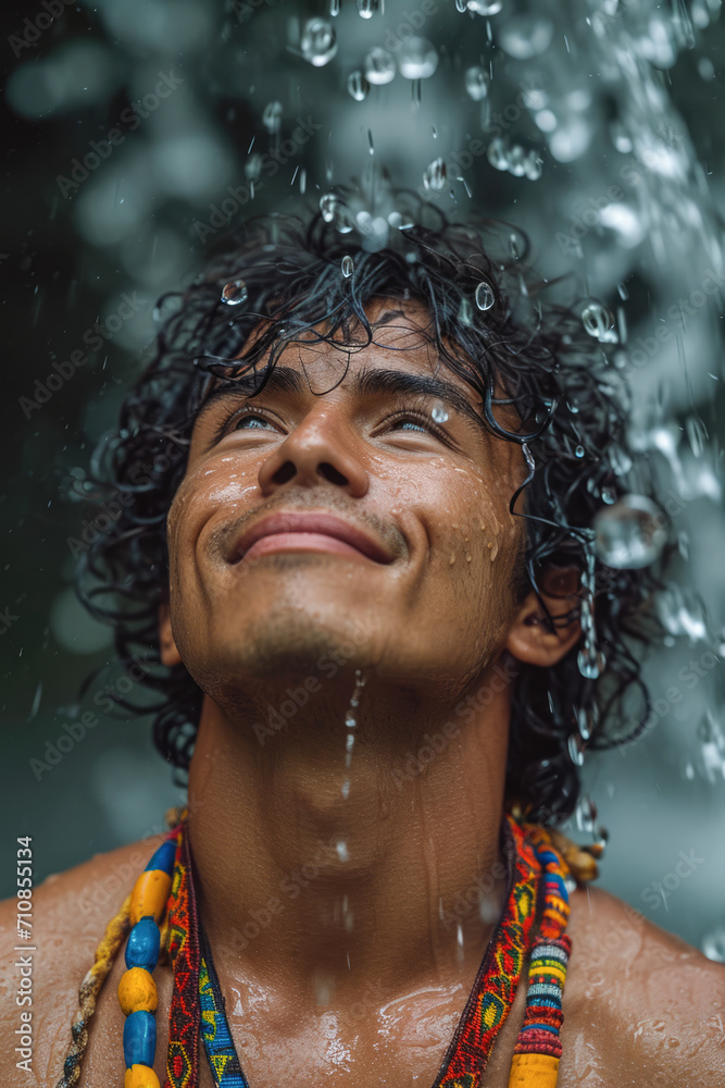 Portrait of a young man under the rain in Bali, Indonesia