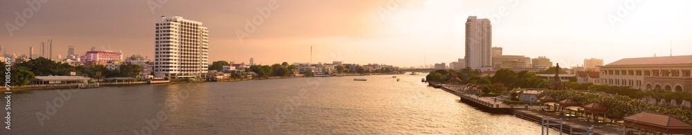 Panorama of the Chao Phraya River at sunset, Bangkok. Thailand