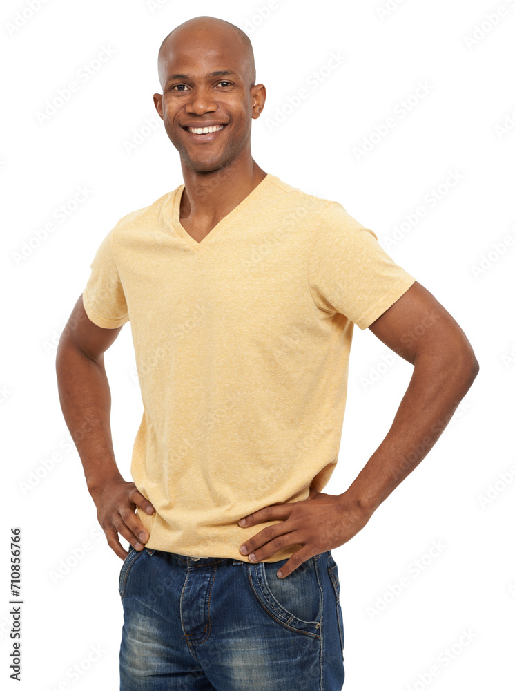 Portrait, smile and black man with fashion, peaceful and confident guy isolated on a white studio background. African person, mockup space and model with his hands on his hips, casual outfit and joy Portrait, smile and black man with fashion, peaceful and confident guy isolated on a white studio background. African person, mockup space and model with his hands on his hips, casual outfit and joy