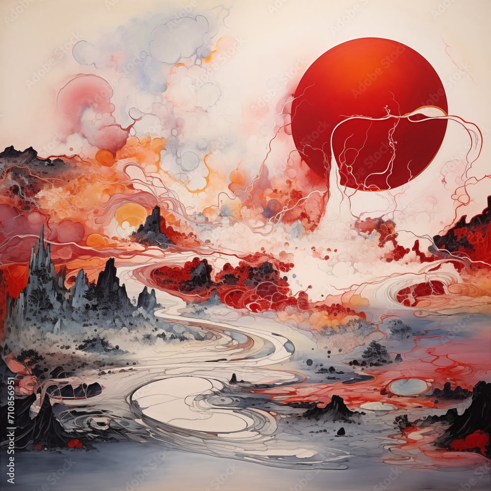 Abstract Landscape Japanese painting with red moon