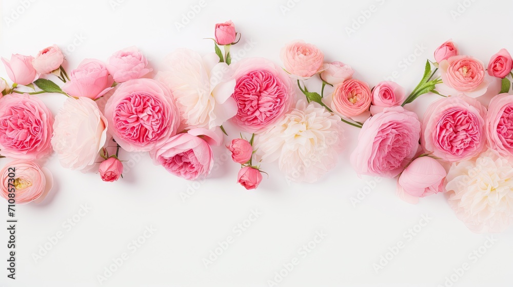 captivating web banner with a floral arrangement featuring pink English roses, ranunculus, and carnations on a white table. captivating web banner with a floral arrangement featuring pink English roses, ranunculus, and carnations on a white table.