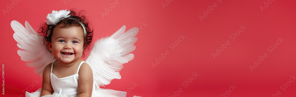 laughing baby angel cupid with white wings on red, valentines day sale and promotion, banner empty place for text - obrazy, fototapety, plakaty 