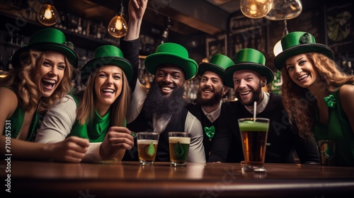 A group of young people in carnival hats celebrates St. Patrick's Day at the bar