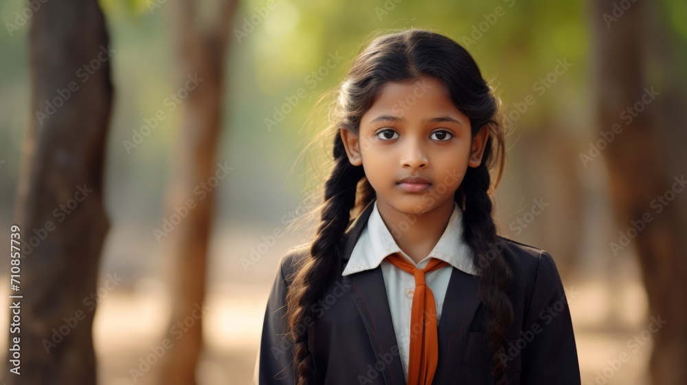 Portrait of happy indian girl with school bag standing outdoor. Neural network AI generated art Portrait of happy indian girl with school bag standing outdoor. Neural network AI generated art