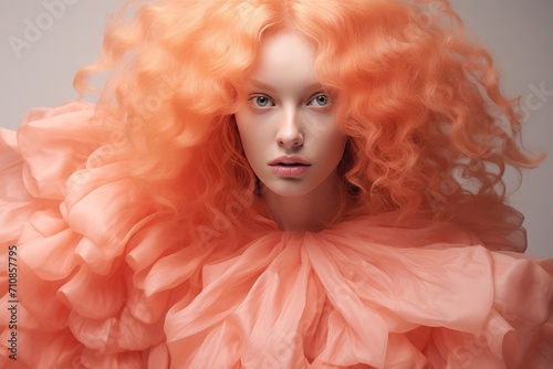 Woman model with a trendy look featuring Peach Fuzz color hair and matching attire
